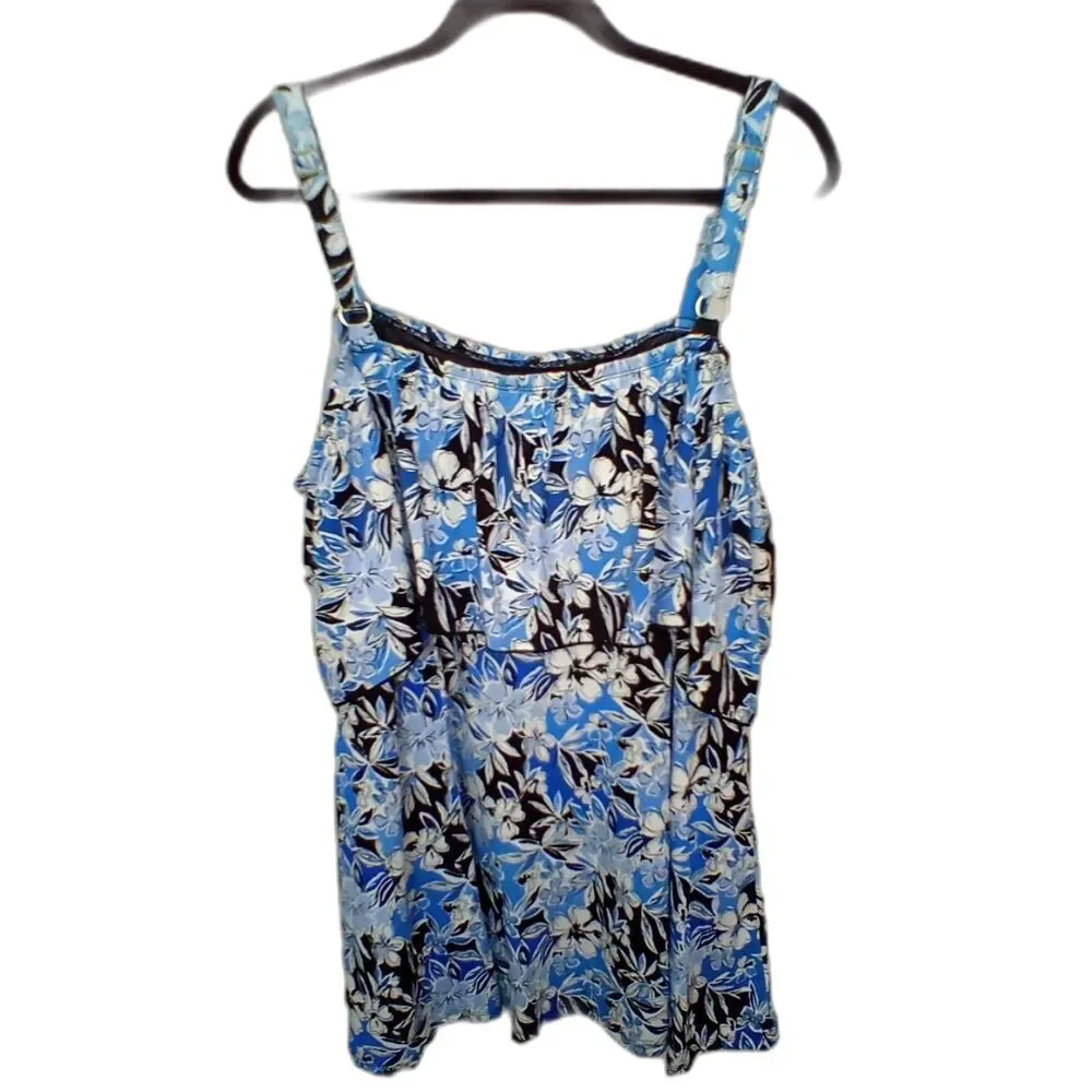 Fit 4 U  Women's Bathing Suit Swimdress Size 20W Tiered Floral Blue Black
